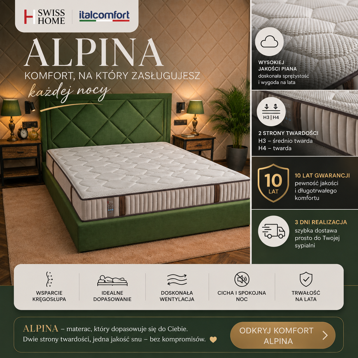 materac Alpina Swiss Home Italcomfort materac piankowy twardy dwustronny
